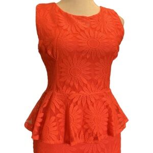 ICU Orange Lace Peplum Dress Sleeveless Floral Bodycon Medium LIKE NEW